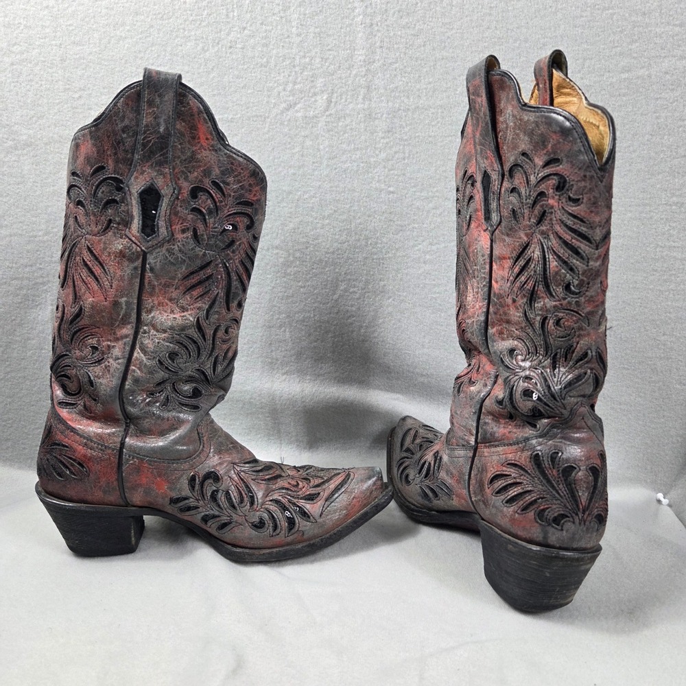 Corral Boots For Buckle Red Black Distressed Leather Sequin Western Boots A8012